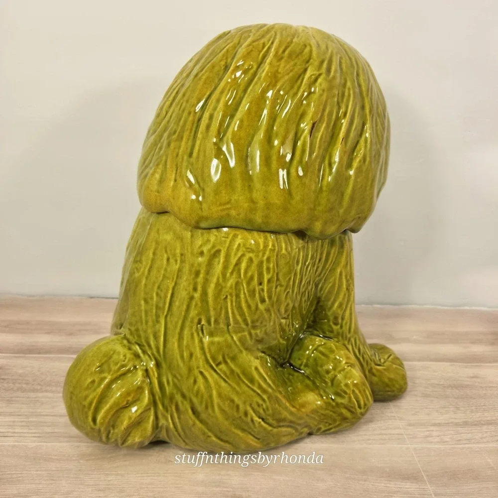 Vintage 1970s MCM Avacado Green Sheepdog Cookie Jar By Doranne of California